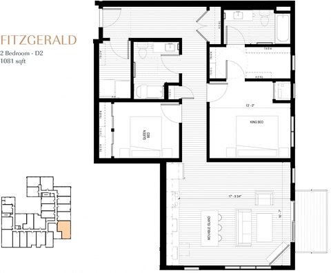 Floor plan for 2 beds, 2 baths, 1081 sqft